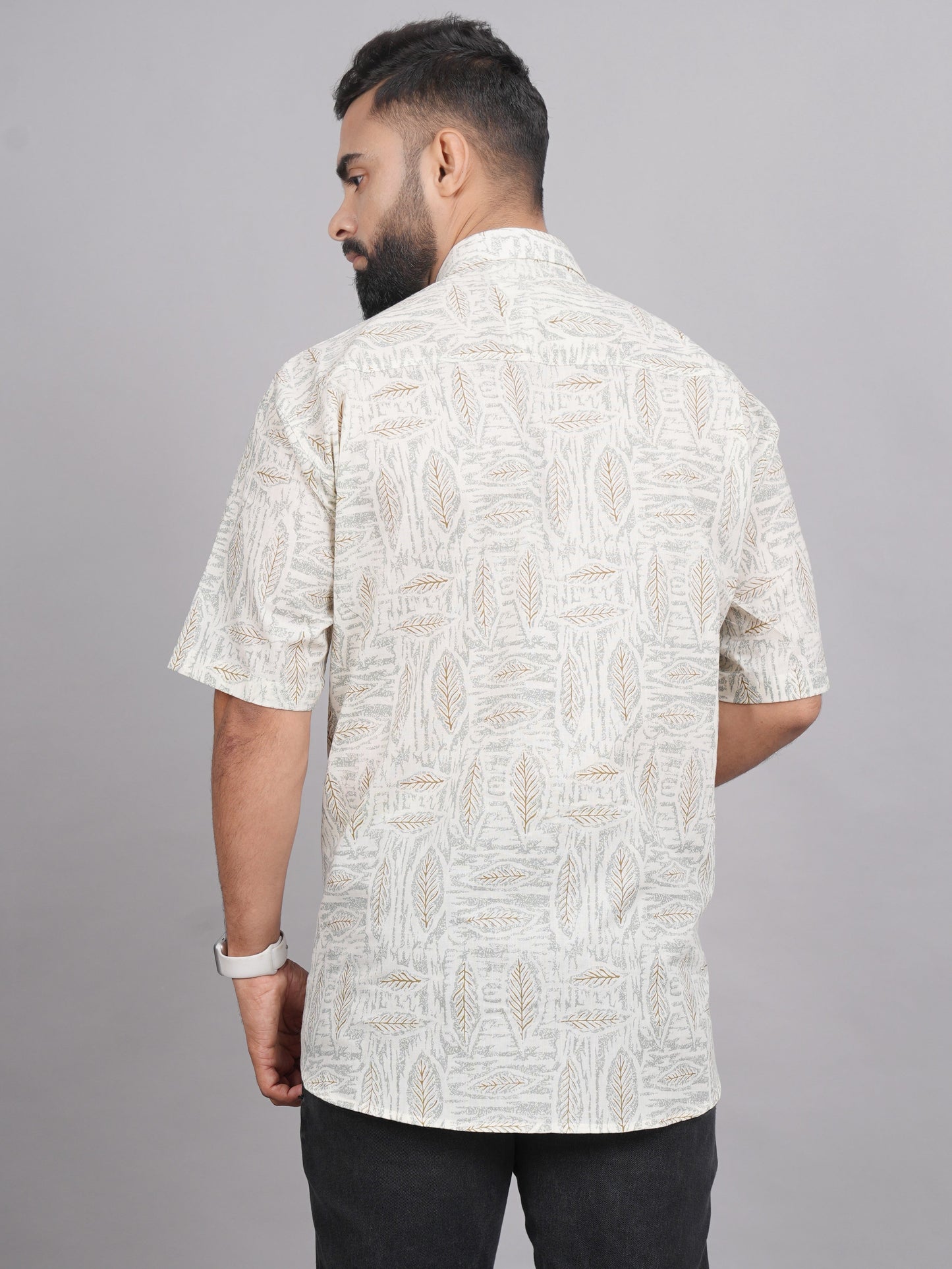 LIVING ROOTS Beige Leaf Print Cotton Shirt (M-1PC-023-M)