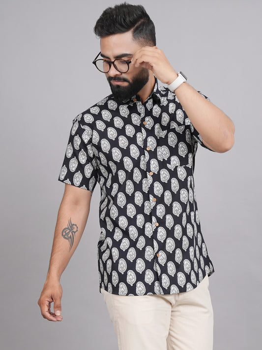 LIVING ROOTS Black Block Print Cotton Shirt