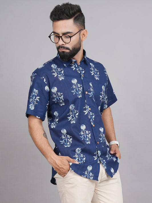 LIVING ROOTS Blue Block Print Cotton Shirt