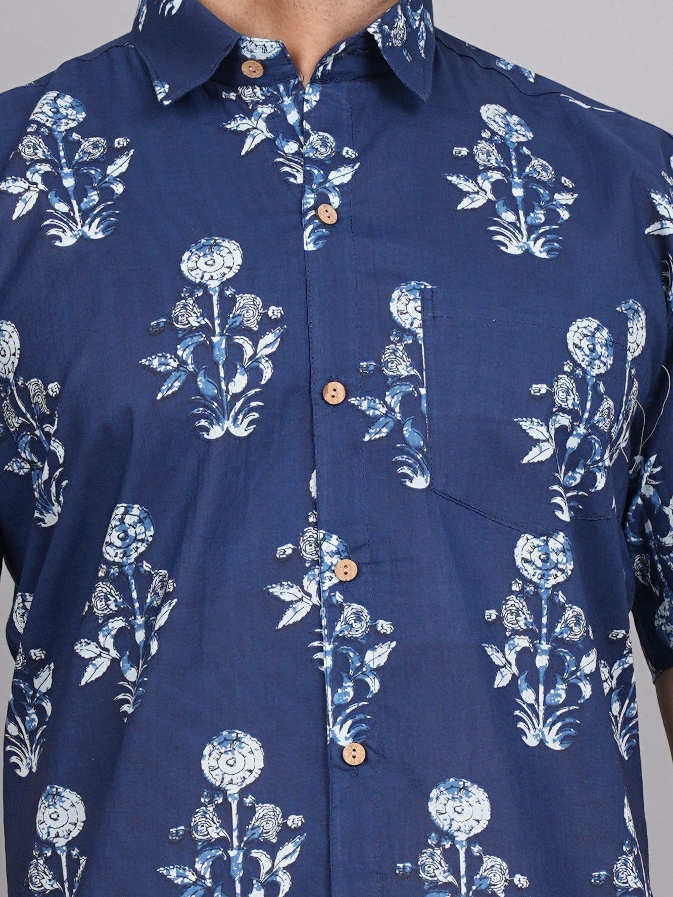 LIVING ROOTS Blue Block Print Cotton Shirt (M-1PC-026-M)