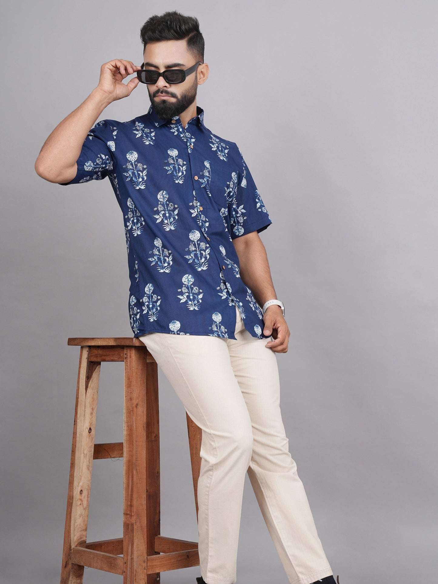 LIVING ROOTS Blue Block Print Cotton Shirt (M-1PC-026-M)