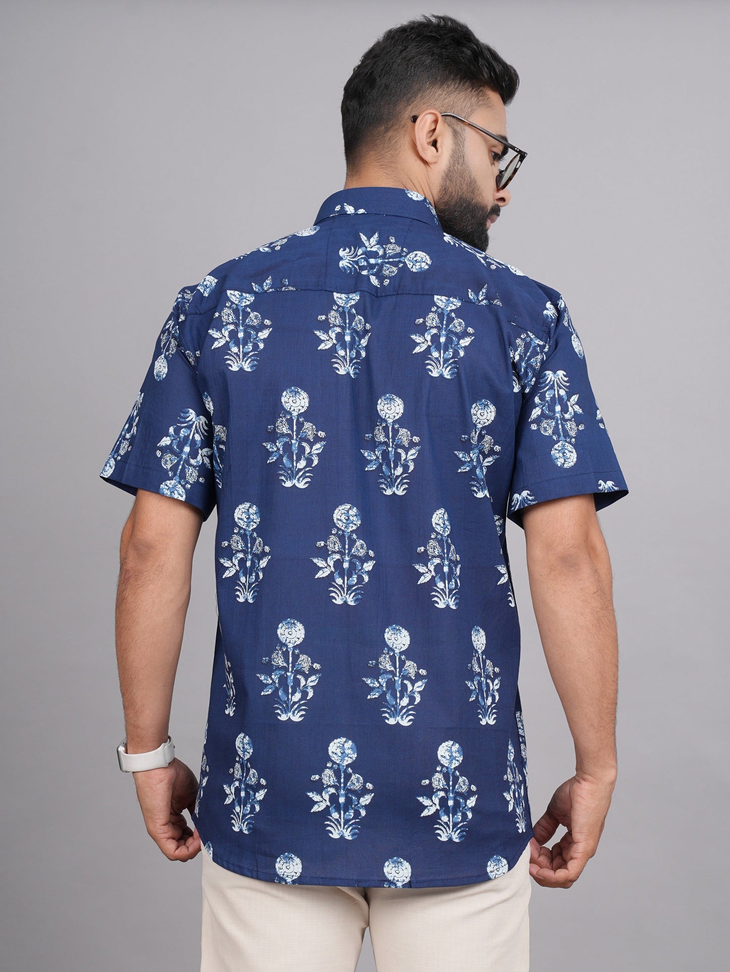 LIVING ROOTS Blue Block Print Cotton Shirt (M-1PC-026-M)