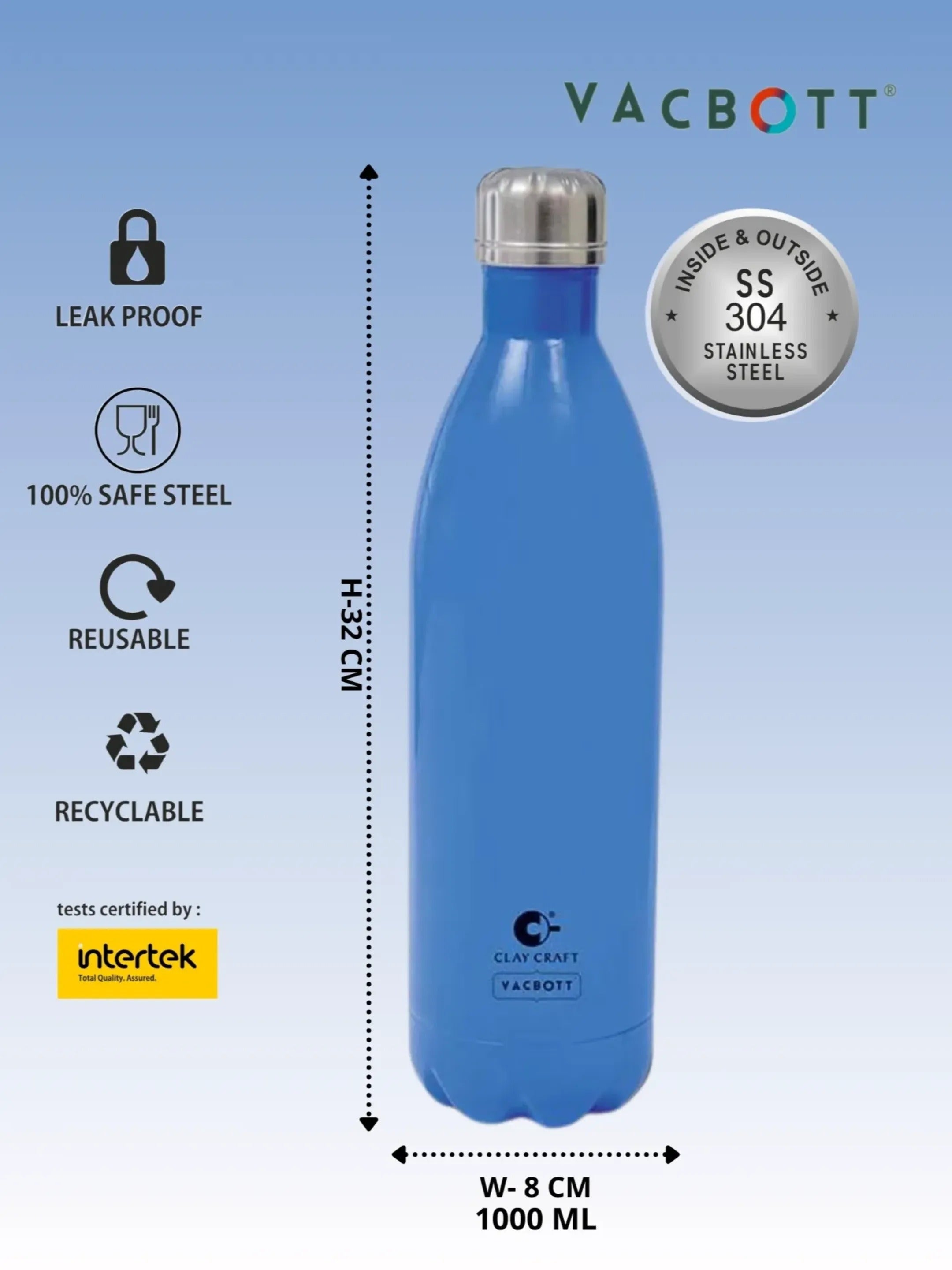 Vacbott Vaccum Bottle, 1000ml Stark Double Walled 24 Hours Hot and Cold Water Bottle with Bag, 1000 ml, Deep Blue