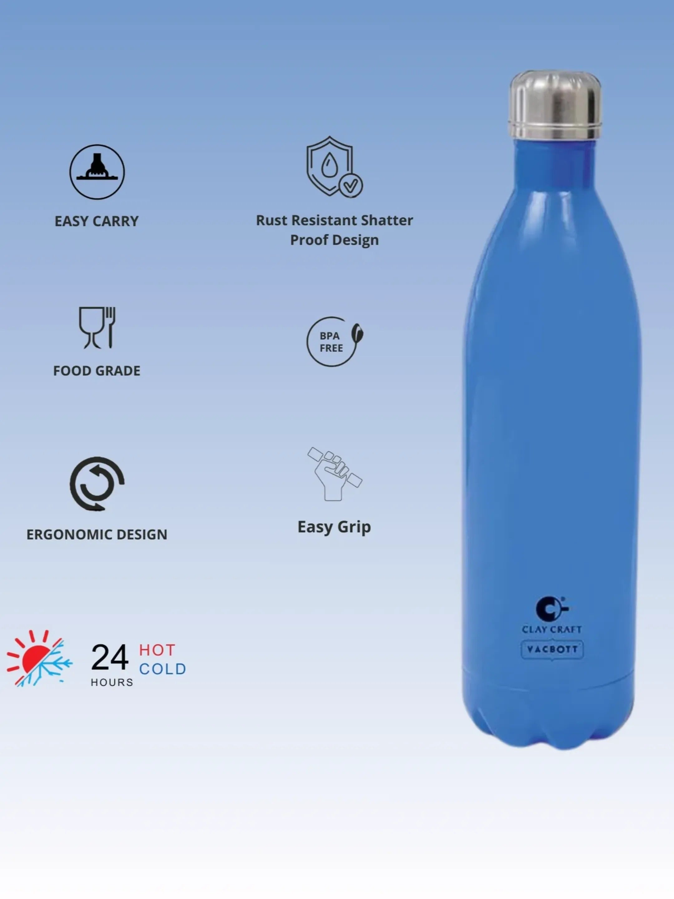 Vacbott Vaccum Bottle, 1000ml Stark Double Walled 24 Hours Hot and Cold Water Bottle with Bag, 1000 ml, Deep Blue