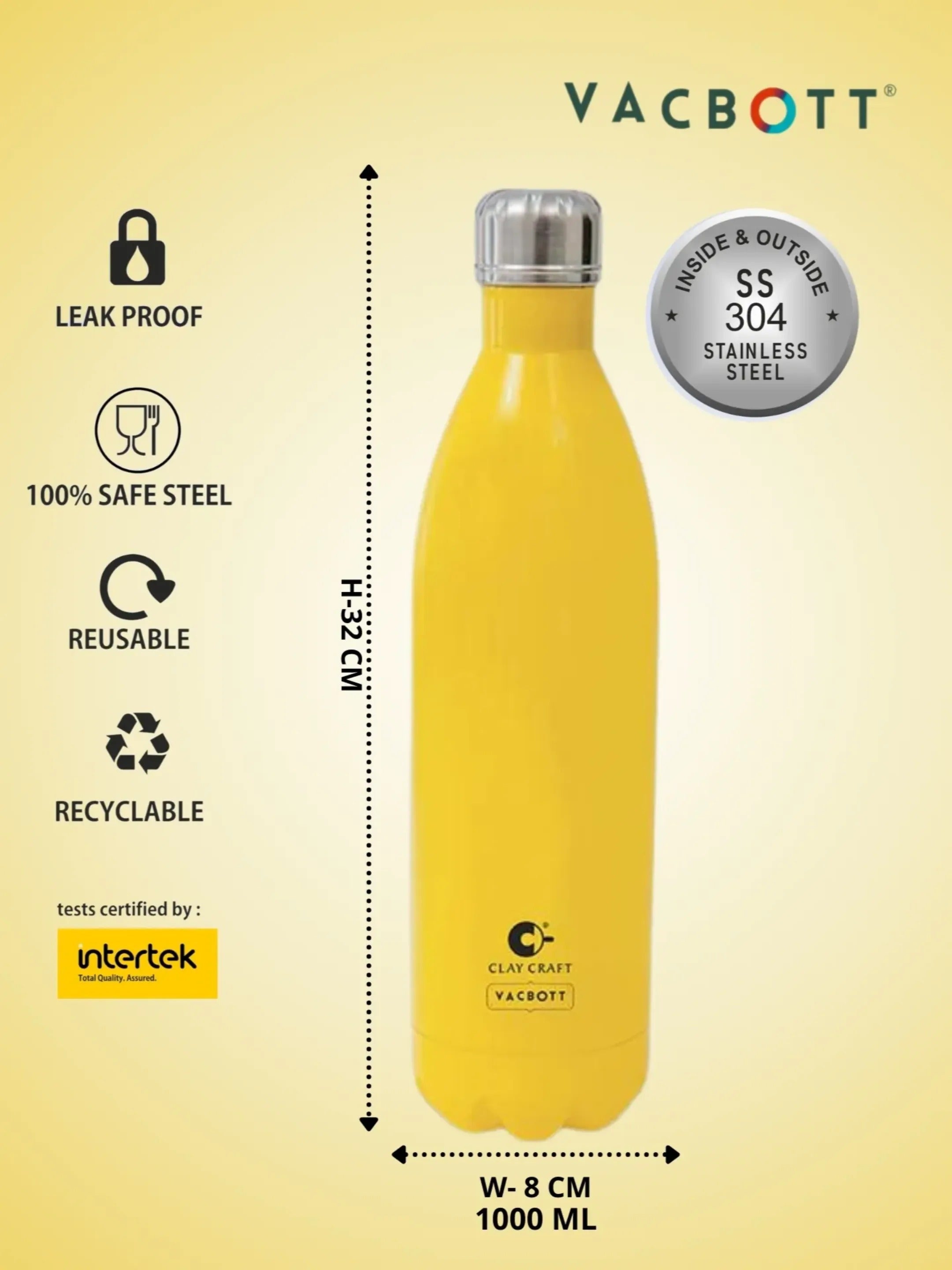 Vacbott Vaccum Bottle, 1000ml Stark Double Walled 24 Hours Hot and Cold Water Bottle with Bag, 1000 ml, Yellow