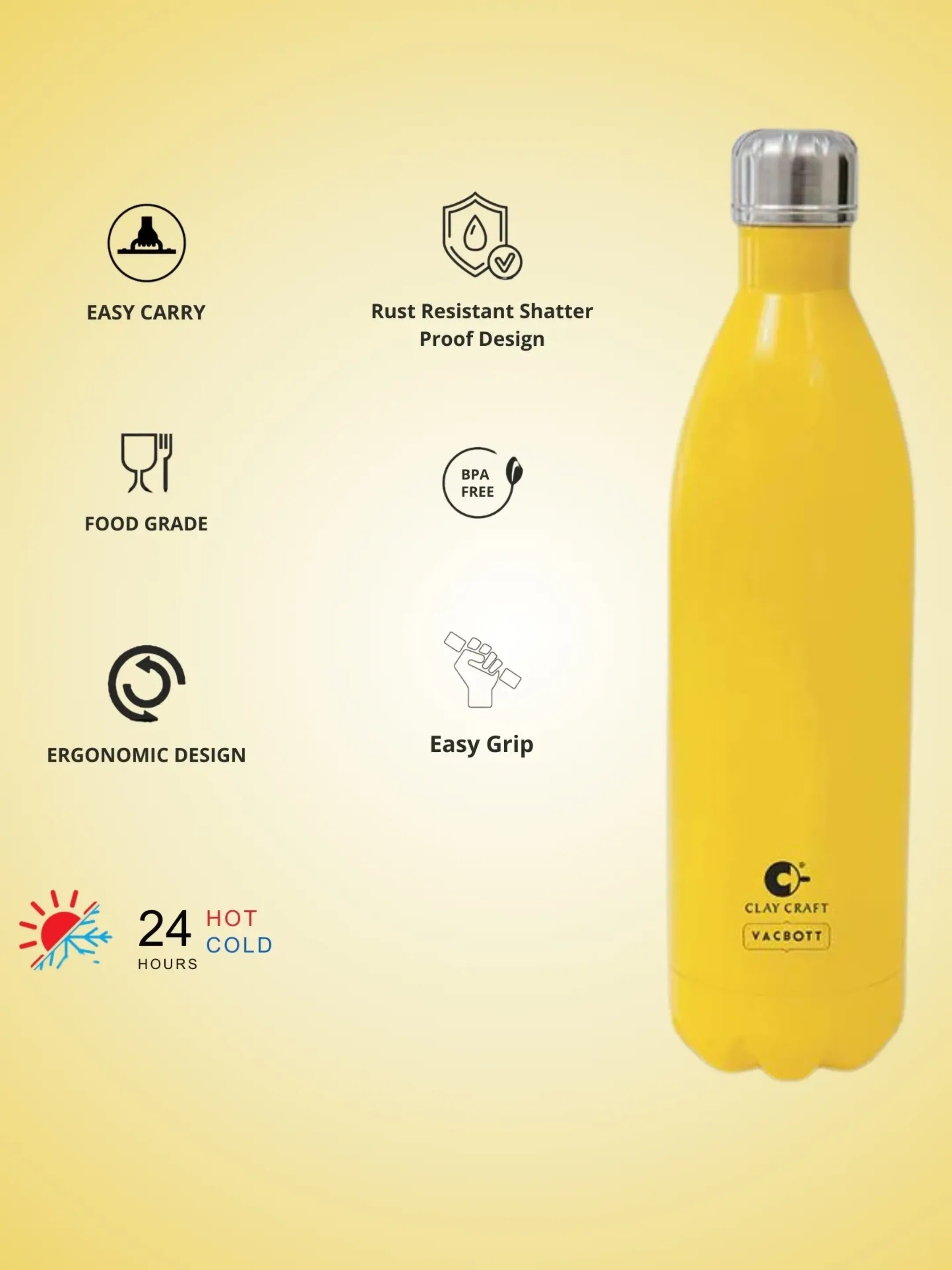 Vacbott Vaccum Bottle, 1000ml Stark Double Walled 24 Hours Hot and Cold Water Bottle with Bag, 1000 ml, Yellow