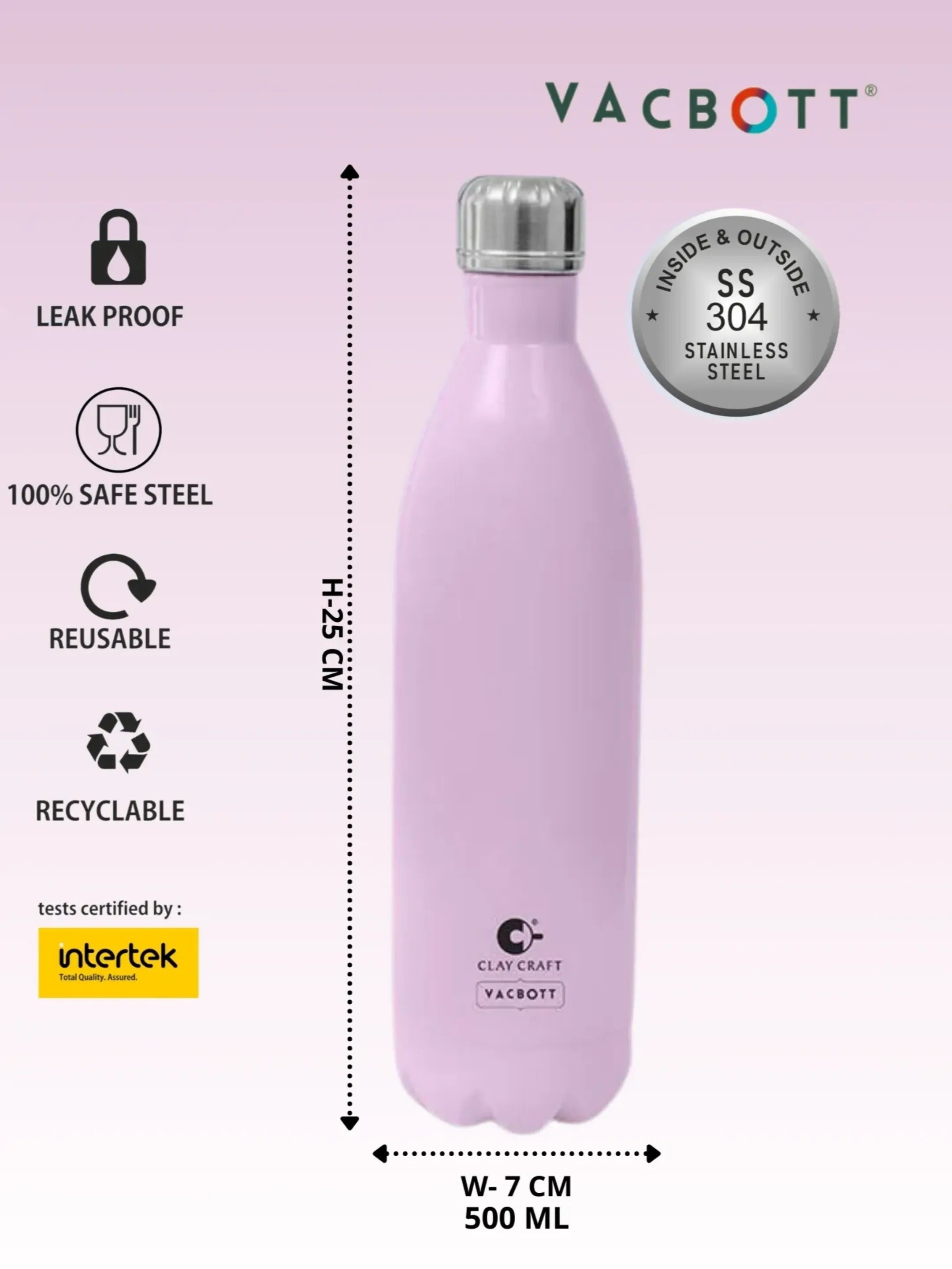 Vacbott Vaccum Bottle, 500ml Stark Double Walled 24 Hours Hot and Cold Water Bottle with Bag, 500 ml, Blush Pink