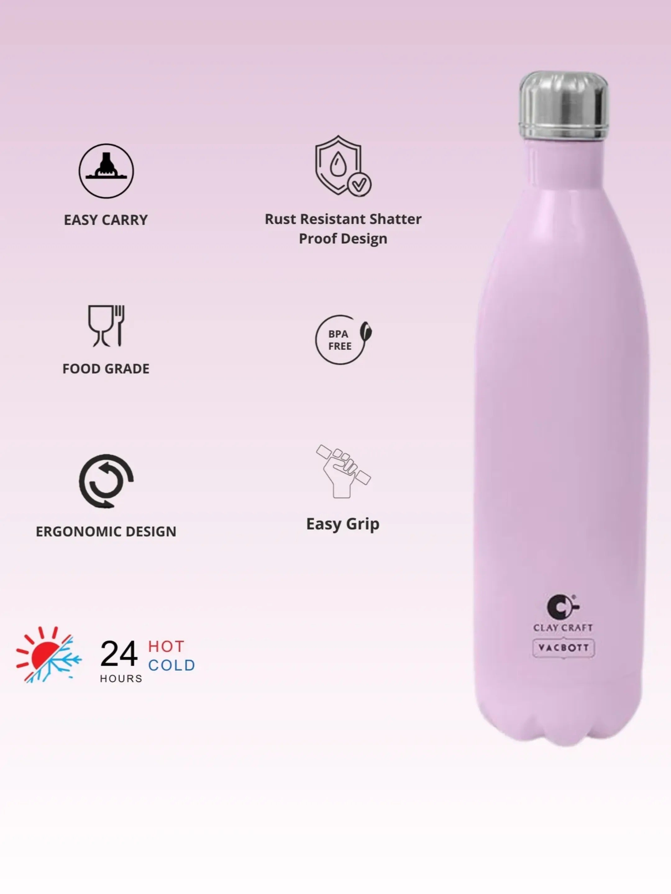 Vacbott Vaccum Bottle, 500ml Stark Double Walled 24 Hours Hot and Cold Water Bottle with Bag, 500 ml, Blush Pink