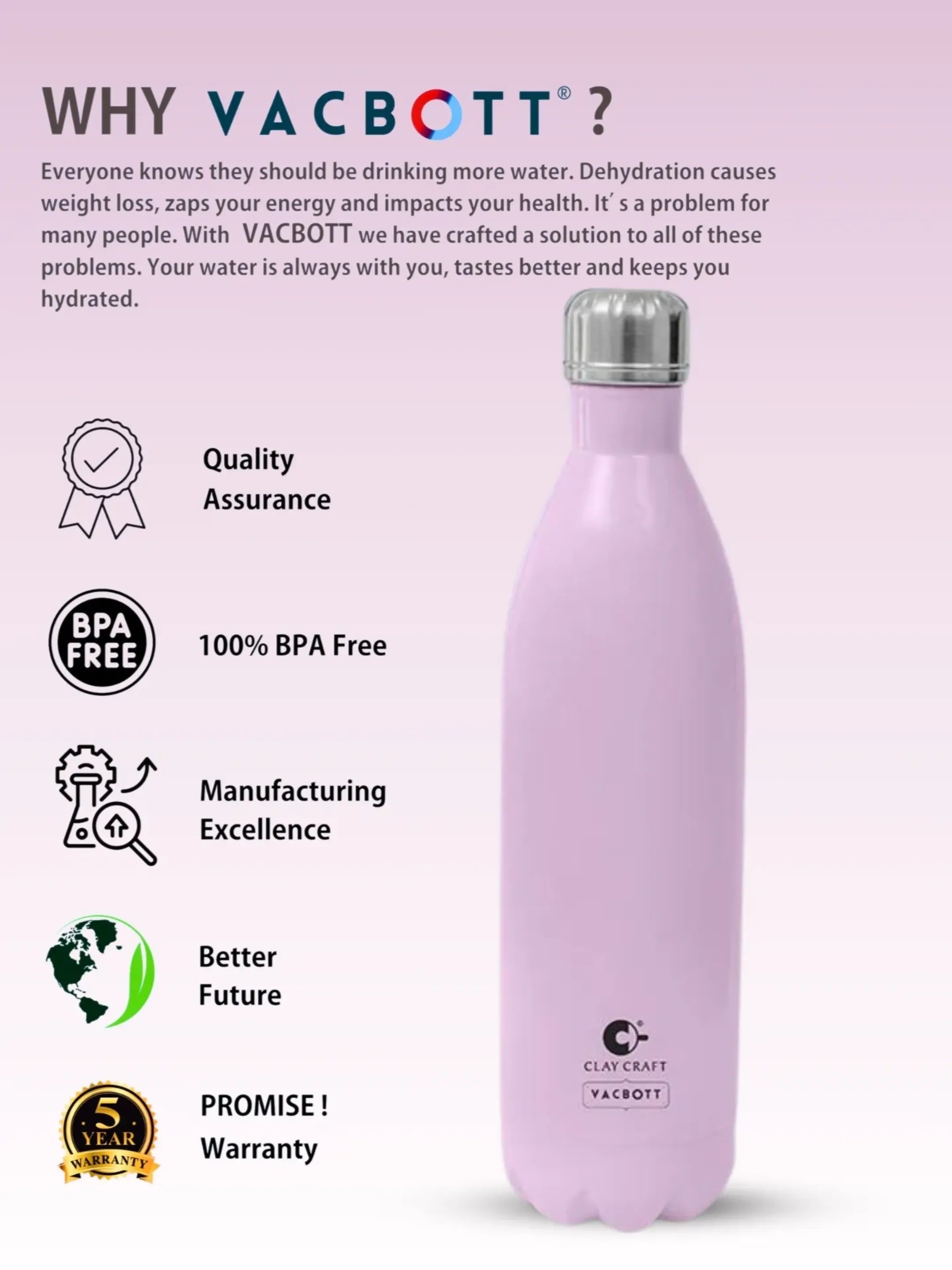 Vacbott Vaccum Bottle, 500ml Stark Double Walled 24 Hours Hot and Cold Water Bottle with Bag, 500 ml, Blush Pink
