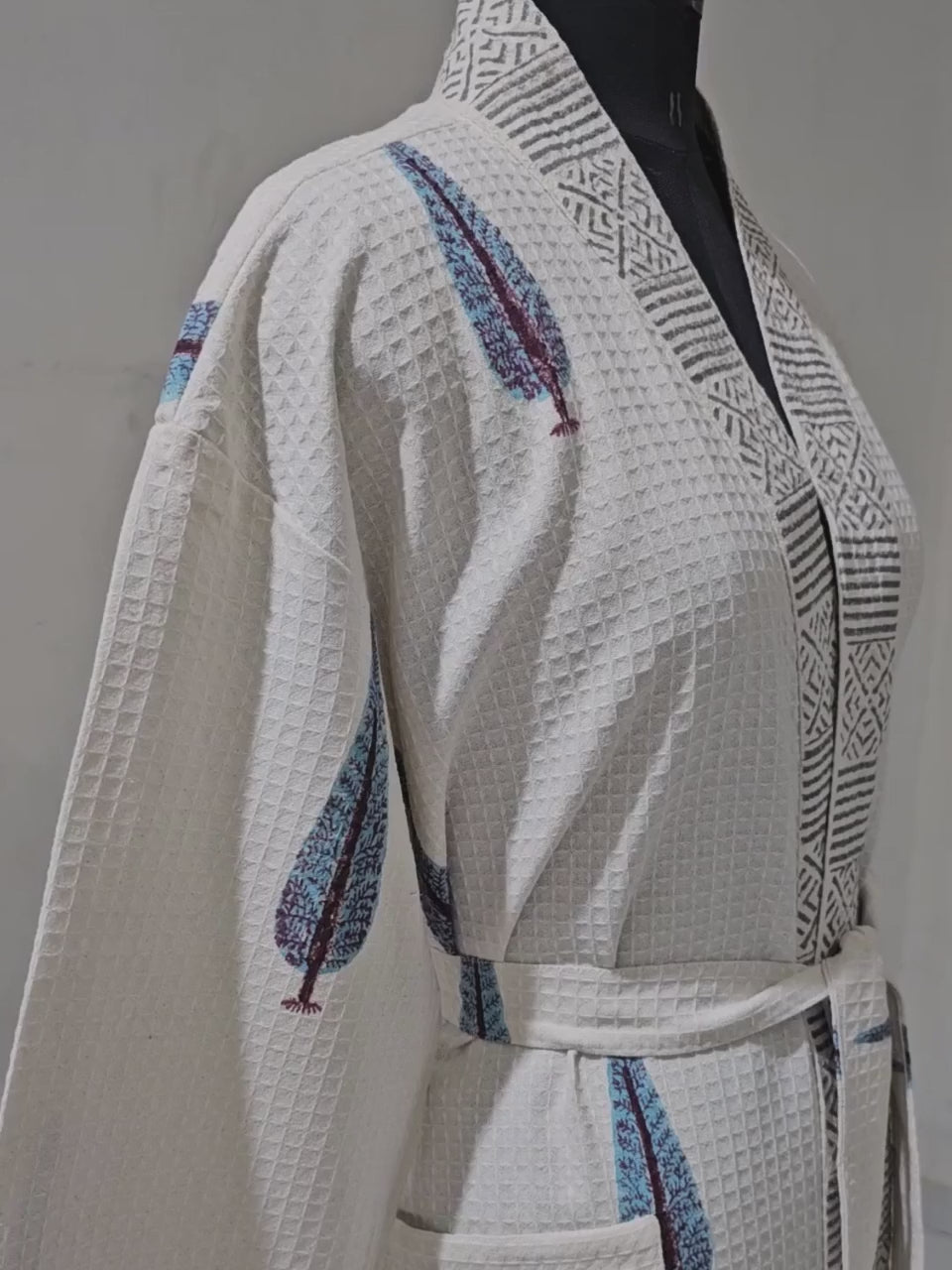 Handblock Printed Cotton Waffle Unisex Bath Robe - Free Size (Set Of 1) (008-BIG)
