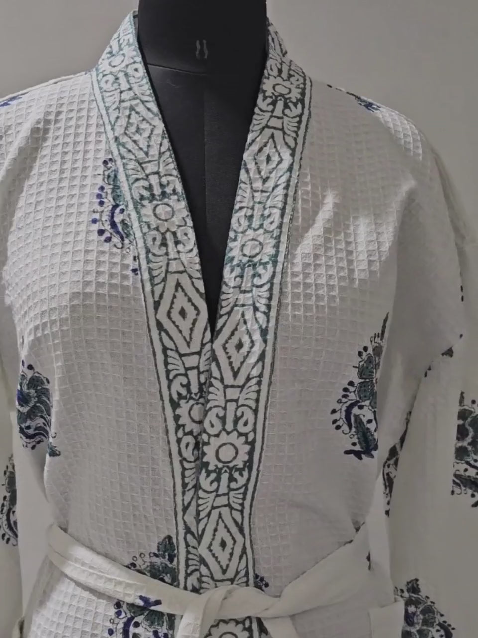 Handblock Printed Cotton Waffle Unisex Bath Robe - Free Size (Set Of 1) (005-BIG)