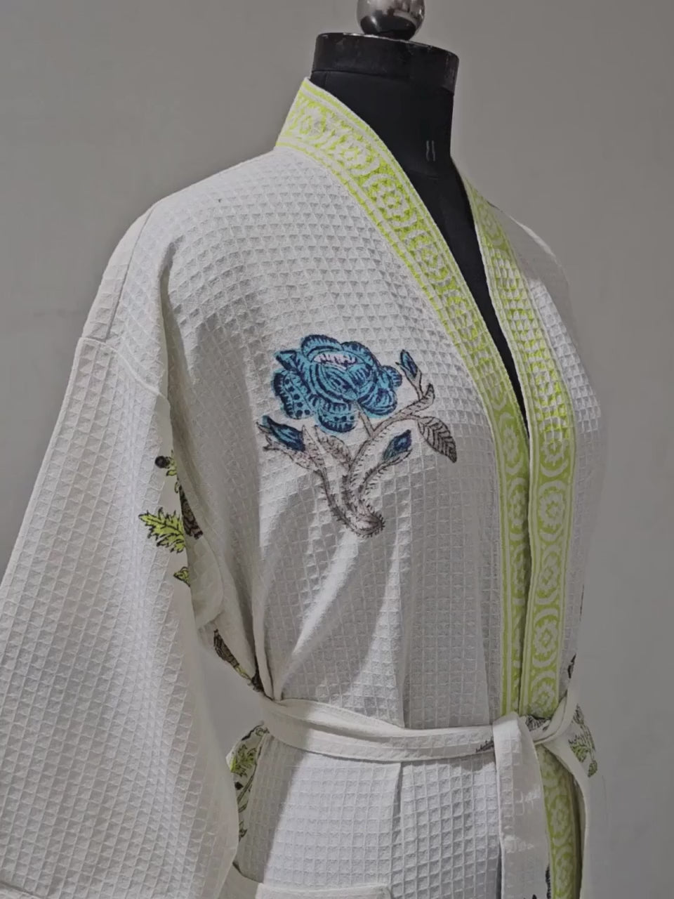 Handblock Printed Cotton Waffle Unisex Bath Robe - Free Size (Set Of 1) (009-BIG)