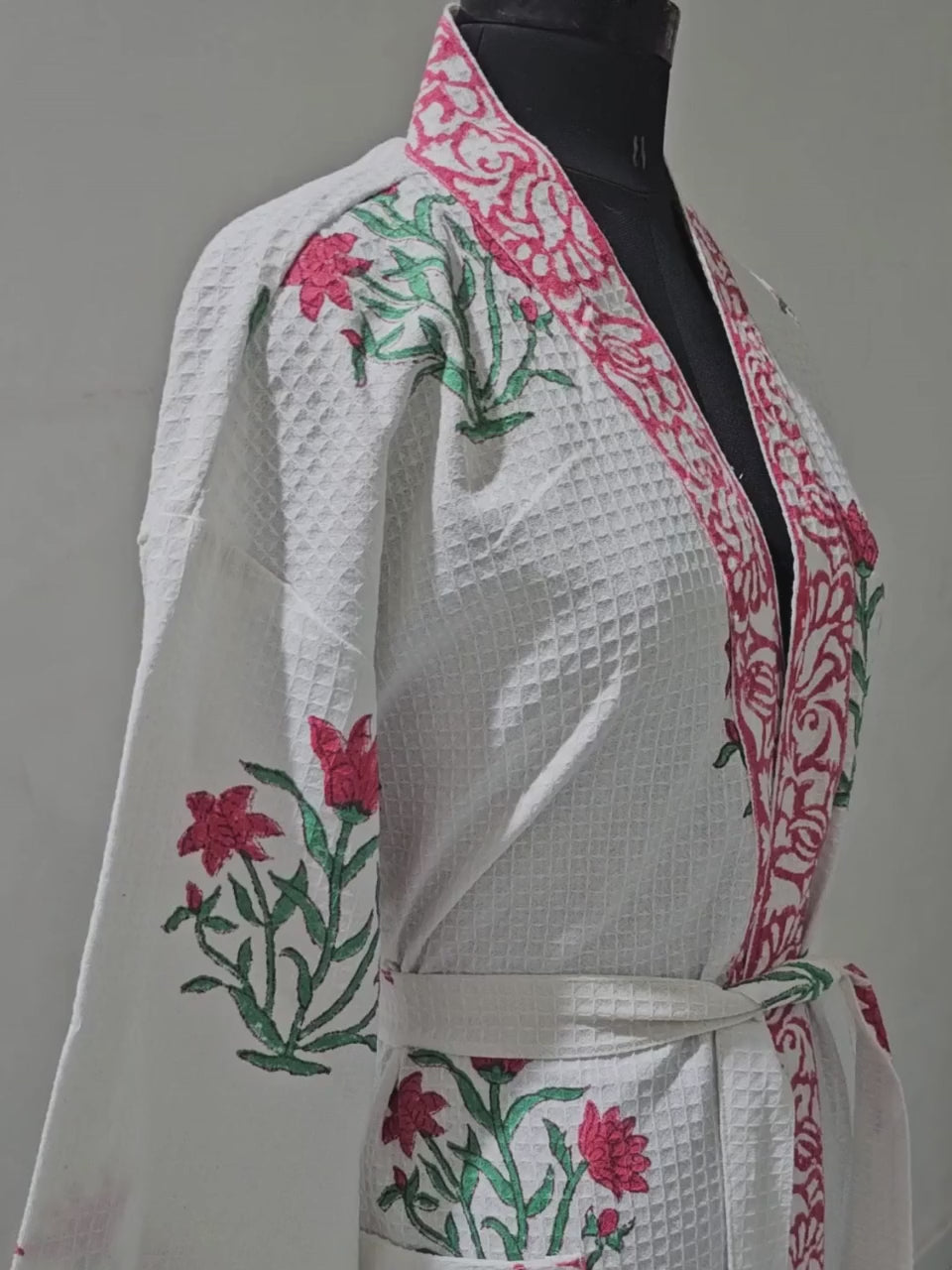 Handblock Printed Cotton Waffle Unisex Bath Robe - Free Size (Set Of 1) (007-BIG)