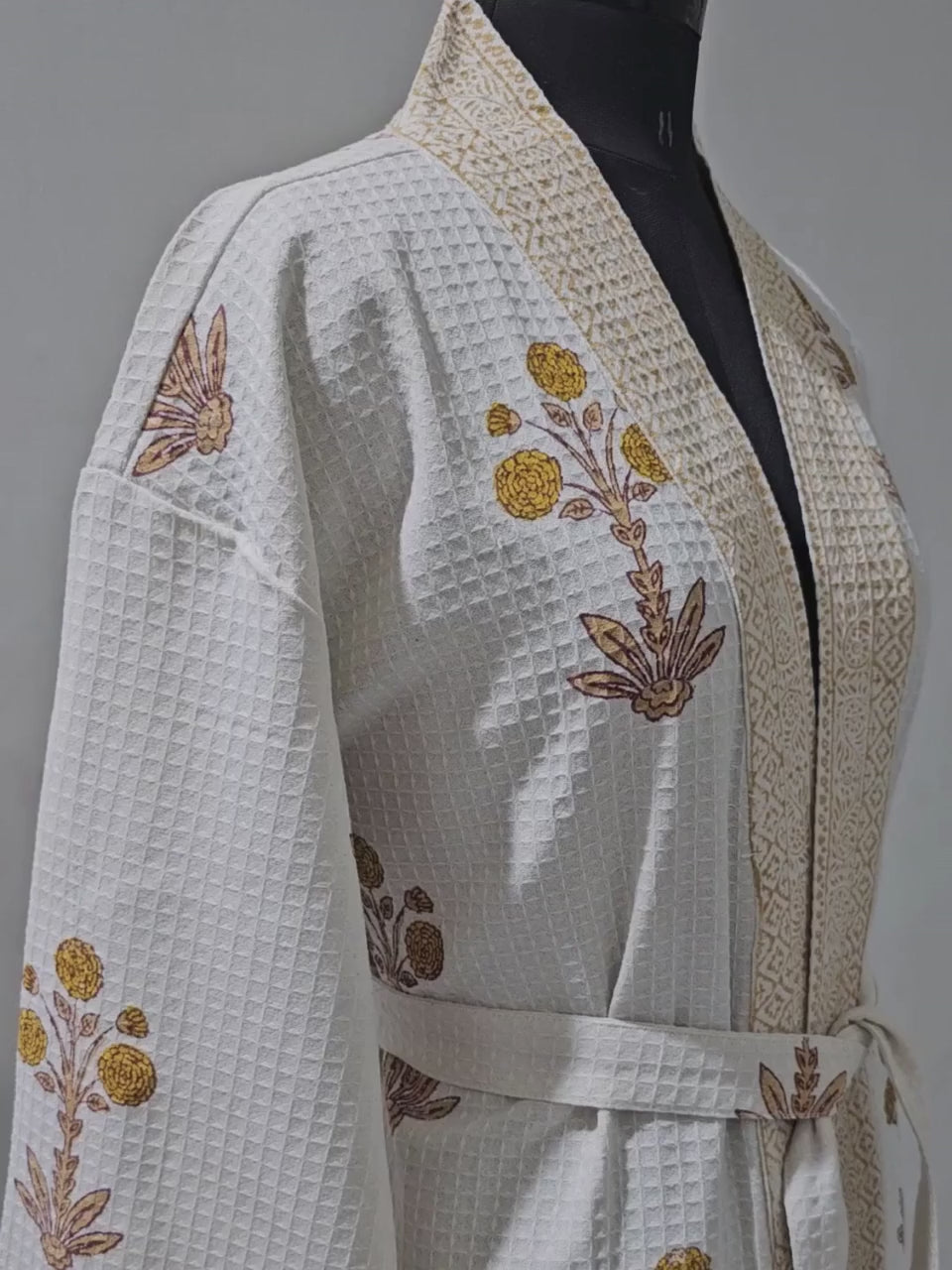 Handblock Printed Cotton Waffle Unisex Bath Robe - Free Size (Set Of 1) (002-BIG)