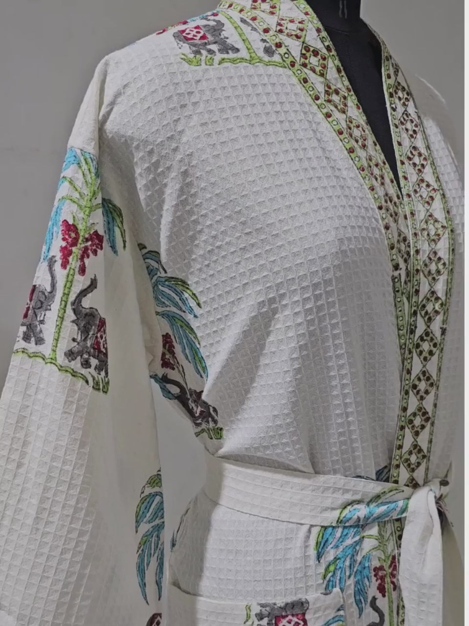 Handblock Printed Cotton Waffle Unisex Bath Robe - Free Size (Set Of 1) (011-BIG)