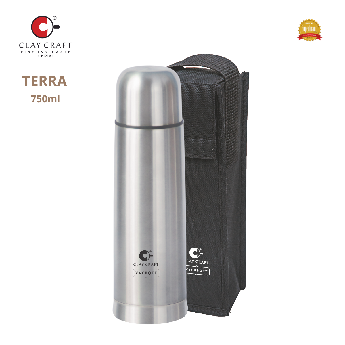 Vacbott Vaccum Bottle, 750ml Terra Double Walled 24 Hours Hot and Cold Water Bottle with Bag, 750 ml, Silver