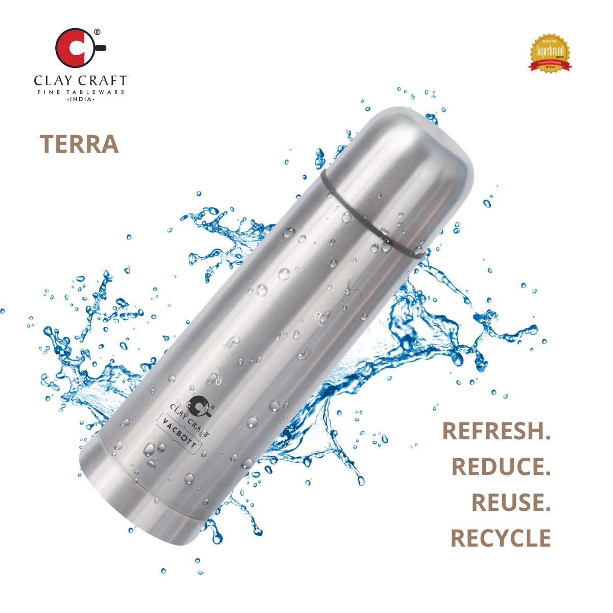 Vacbott Vaccum Bottle, 750ml Terra Double Walled 24 Hours Hot and Cold Water Bottle with Bag, 750 ml, Silver