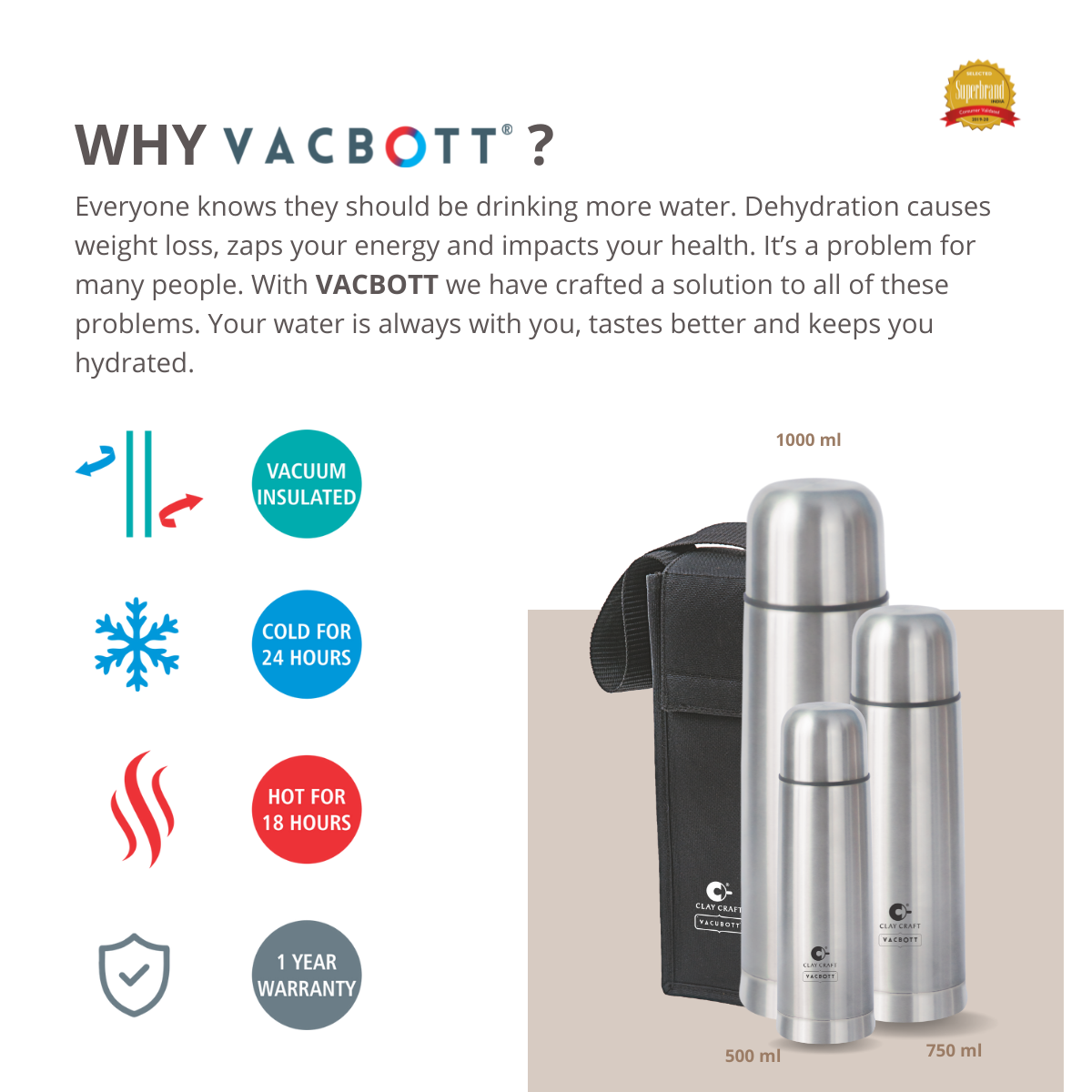 Vacbott Vaccum Bottle, 750ml Terra Double Walled 24 Hours Hot and Cold Water Bottle with Bag, 750 ml, Silver