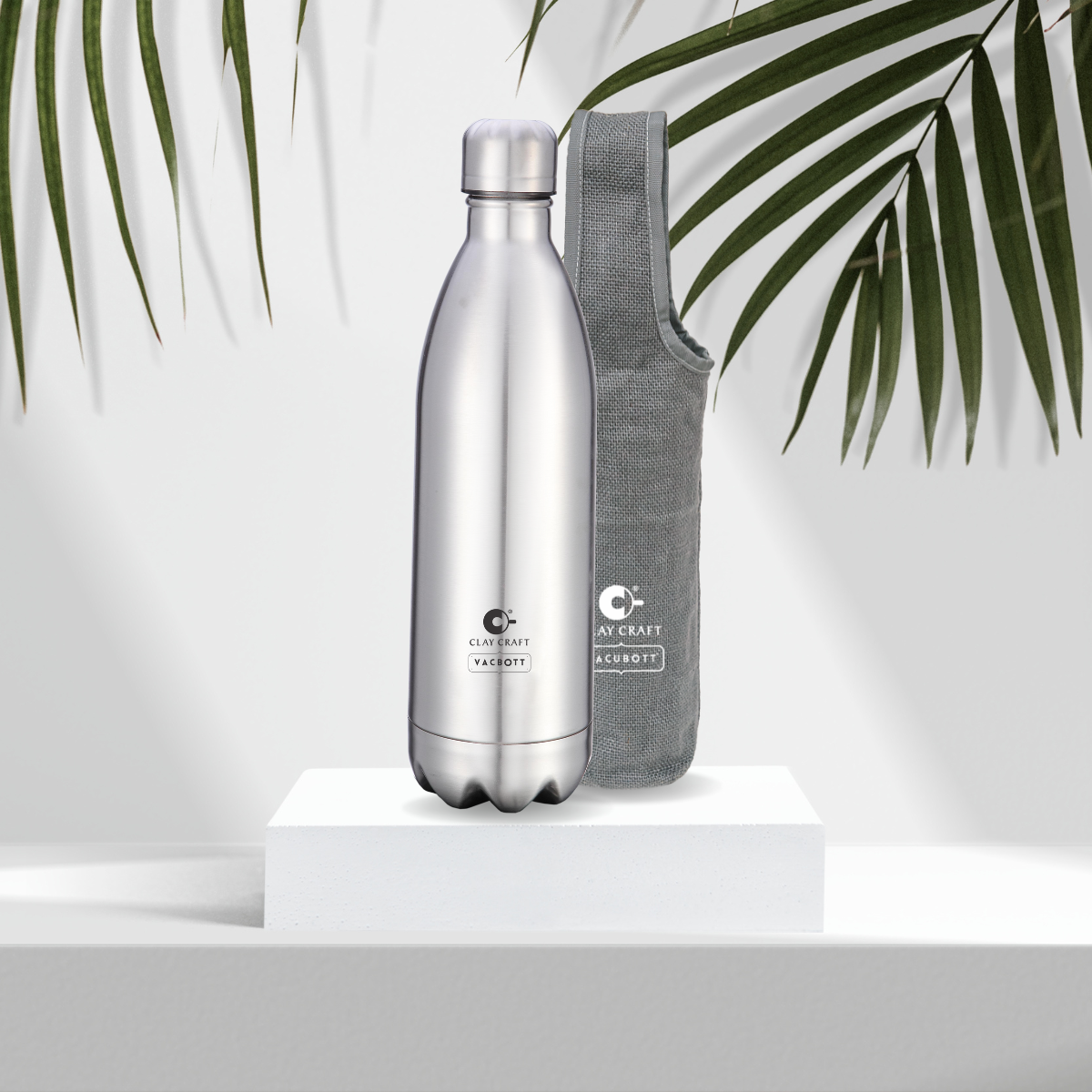 Vacbott Vaccum Bottle, 1000ml Stark Double Walled 24 Hours Hot and Cold Water Bottle with Bag, 1000 ml, Silver