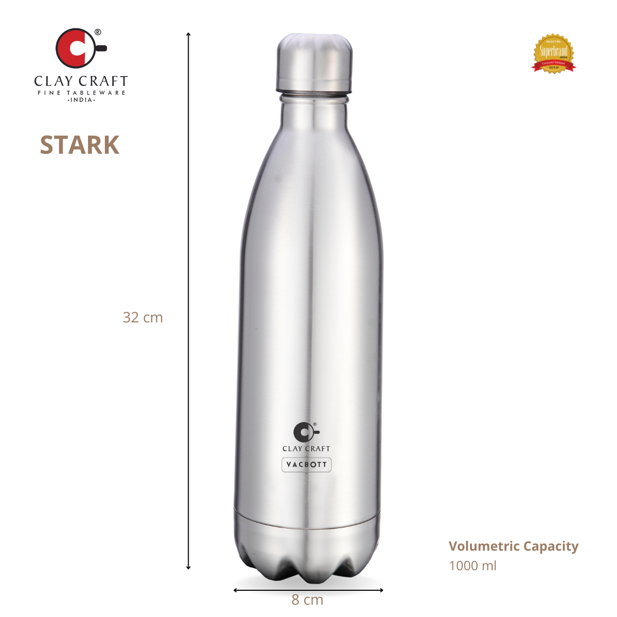 Vacbott Vaccum Bottle, 1000ml Stark Double Walled 24 Hours Hot and Cold Water Bottle with Bag, 1000 ml, Silver