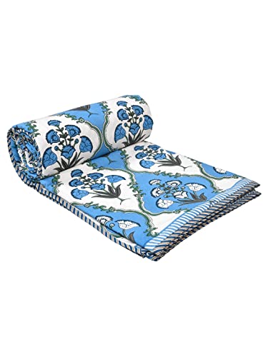 LIVING ROOTS 100% Cotton Dohar King Size Reversible Hand Block Printed Malmal Summer Dohar (Blue Flower Jaal) (21-012-B)