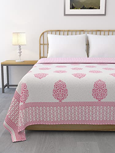 LIVING ROOTS 100% Cotton Dohar King Size Reversible Hand Block Printed Malmal Summer Dohar (Pink Motifs) (21-013-A)