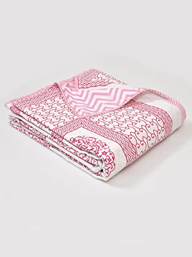 LIVING ROOTS 100% Cotton Dohar King Size Reversible Hand Block Printed Malmal Summer Dohar (Pink Motifs) (21-013-A)