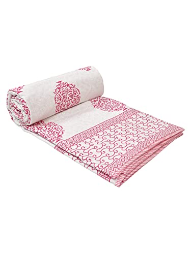 LIVING ROOTS 100% Cotton Dohar King Size Reversible Hand Block Printed Malmal Summer Dohar (Pink Motifs) (21-013-A)