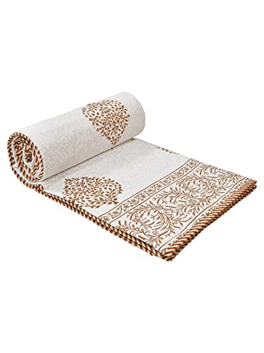 LIVING ROOTS 100% Cotton Dohar King Size Reversible Hand Block Printed Malmal Summer Dohar (Brown Motifs) (21-014-A)