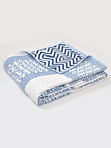 LIVING ROOTS 100% Cotton Dohar King Size Reversible Hand Block Printed Malmal Summer Dohar (Blue Motifs) (21-013-B)