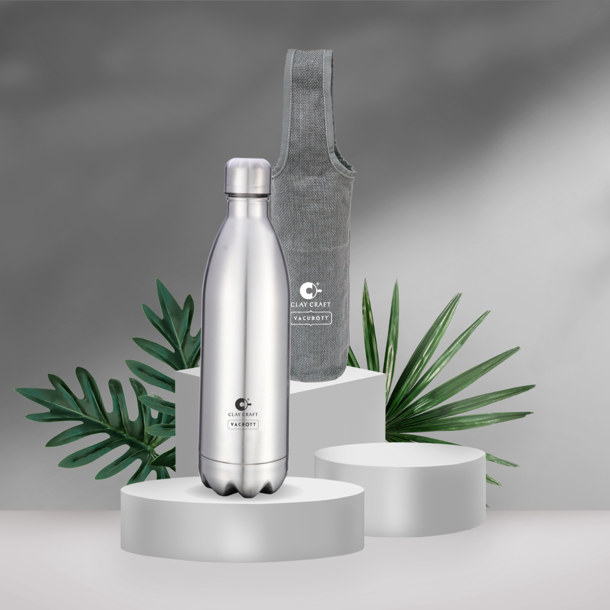 Vacbott Vaccum Bottle, 1000ml Stark Double Walled 24 Hours Hot and Cold Water Bottle with Bag, 1000 ml, Silver