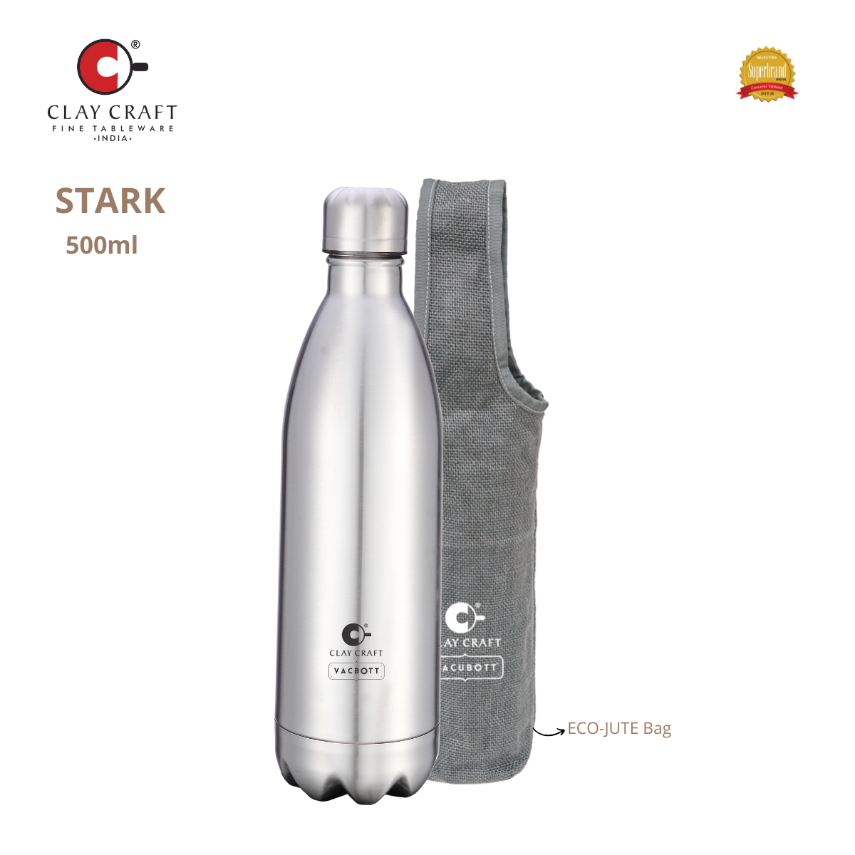 Vacbott Vaccum Bottle, 500ml Stark Double Walled 24 Hours Hot and Cold Water Bottle with Bag, 500 ml, Silver