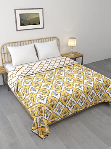 LIVING ROOTS 100% Cotton Dohar King Size Reversible Hand Block Printed Malmal Summer Dohar (Yellow Flower jaal) (21-012-A)