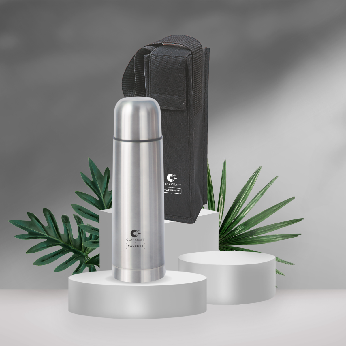 Vacbott Vaccum Bottle, 750ml Terra Double Walled 24 Hours Hot and Cold Water Bottle with Bag, 750 ml, Silver
