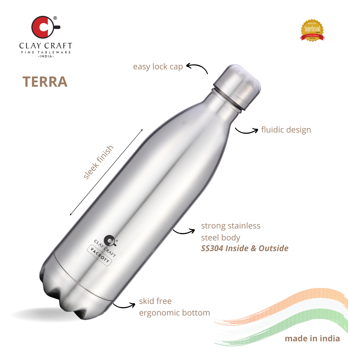 Vacbott Vaccum Bottle, 1000ml Stark Double Walled 24 Hours Hot and Cold Water Bottle with Bag, 1000 ml, Silver
