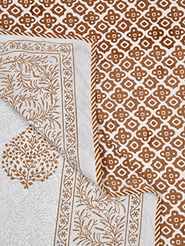 LIVING ROOTS 100% Cotton Dohar King Size Reversible Hand Block Printed Malmal Summer Dohar (Brown Motifs) (21-014-A)