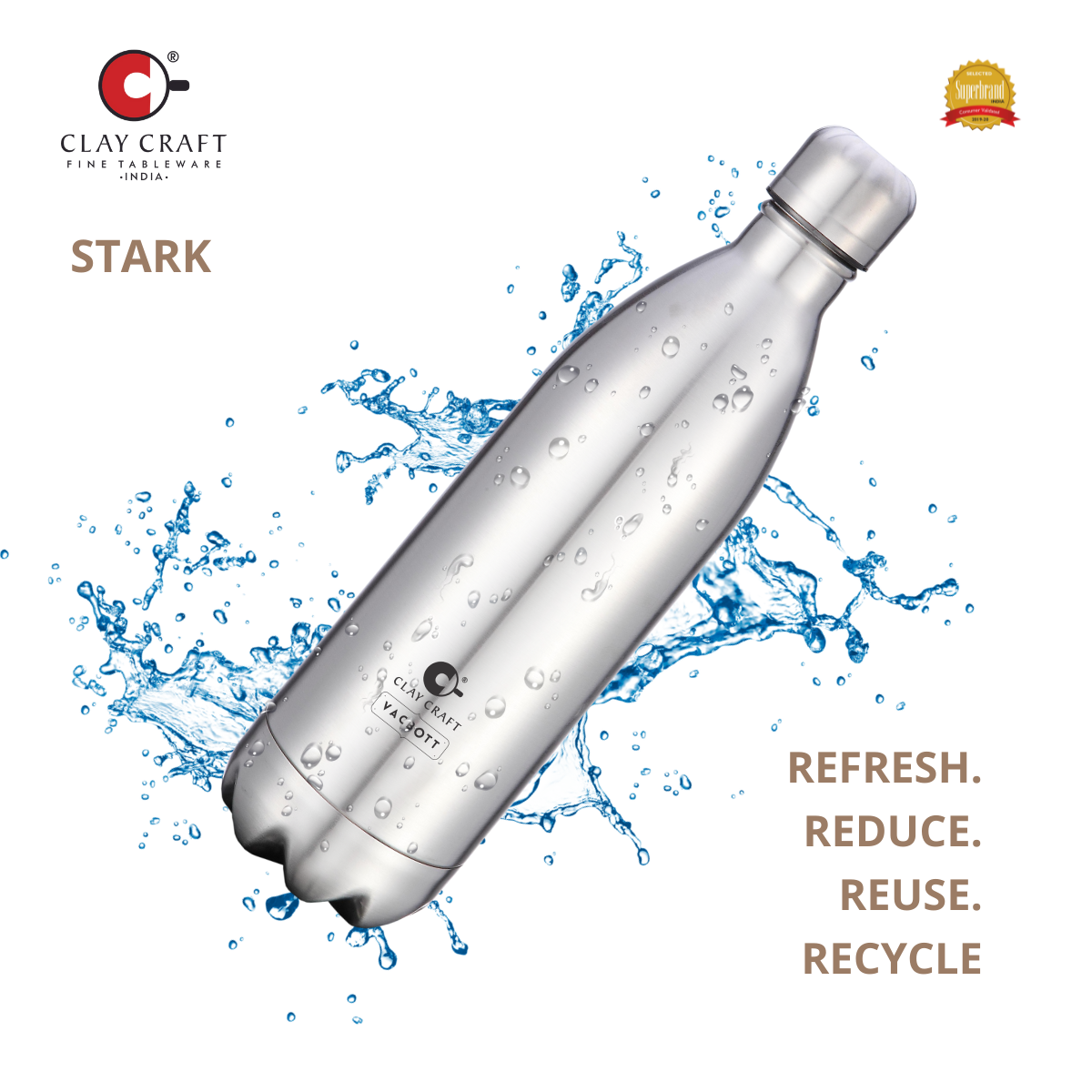 Vacbott Vaccum Bottle, 1000ml Stark Double Walled 24 Hours Hot and Cold Water Bottle with Bag, 1000 ml, Silver