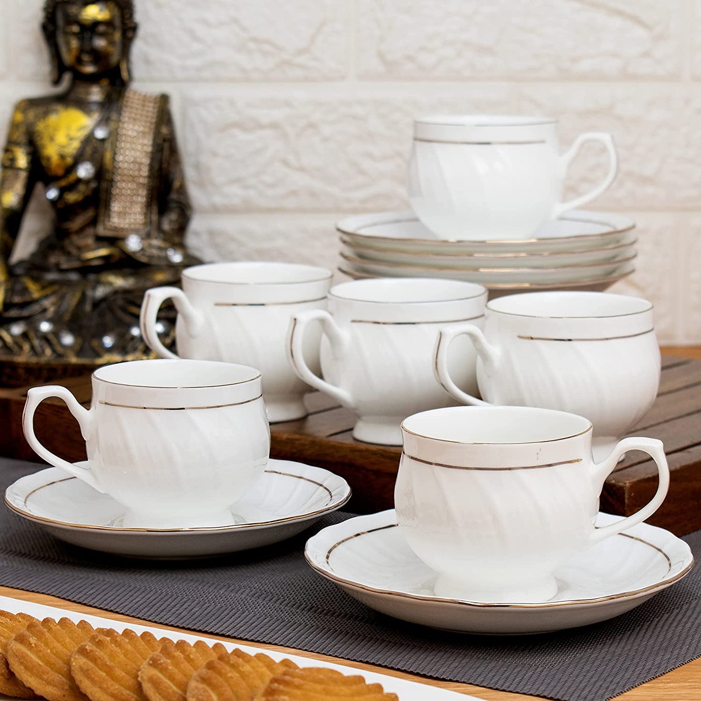 Karina Cup & Saucer, 210ml, Set of 12 (6 Cups + 6 Saucers) Goldline 110