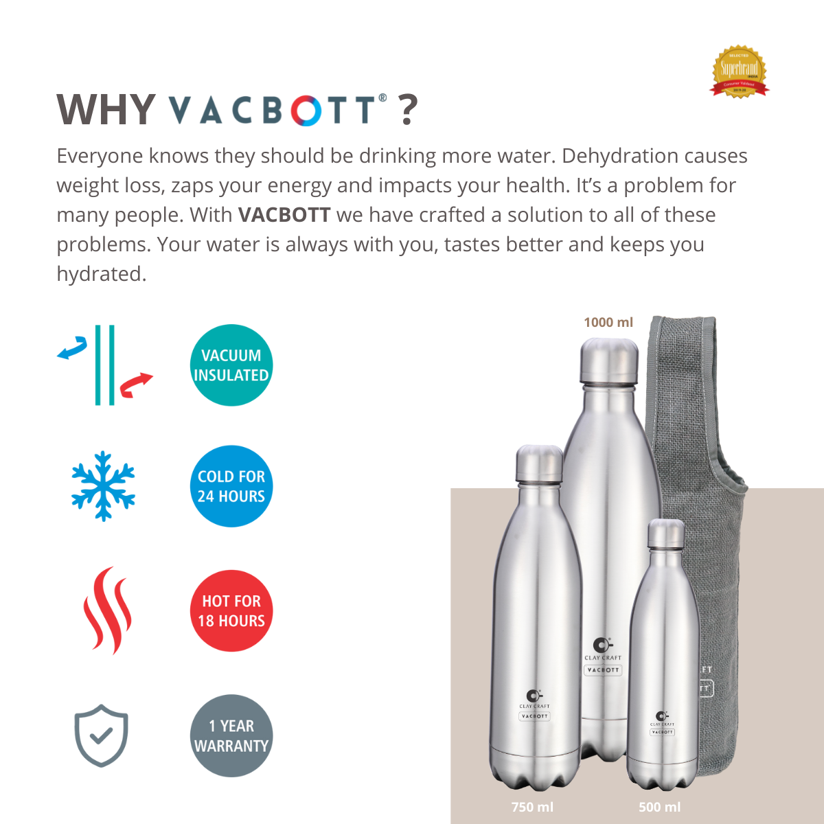 Vacbott Vaccum Bottle, 1000ml Stark Double Walled 24 Hours Hot and Cold Water Bottle with Bag, 1000 ml, Silver
