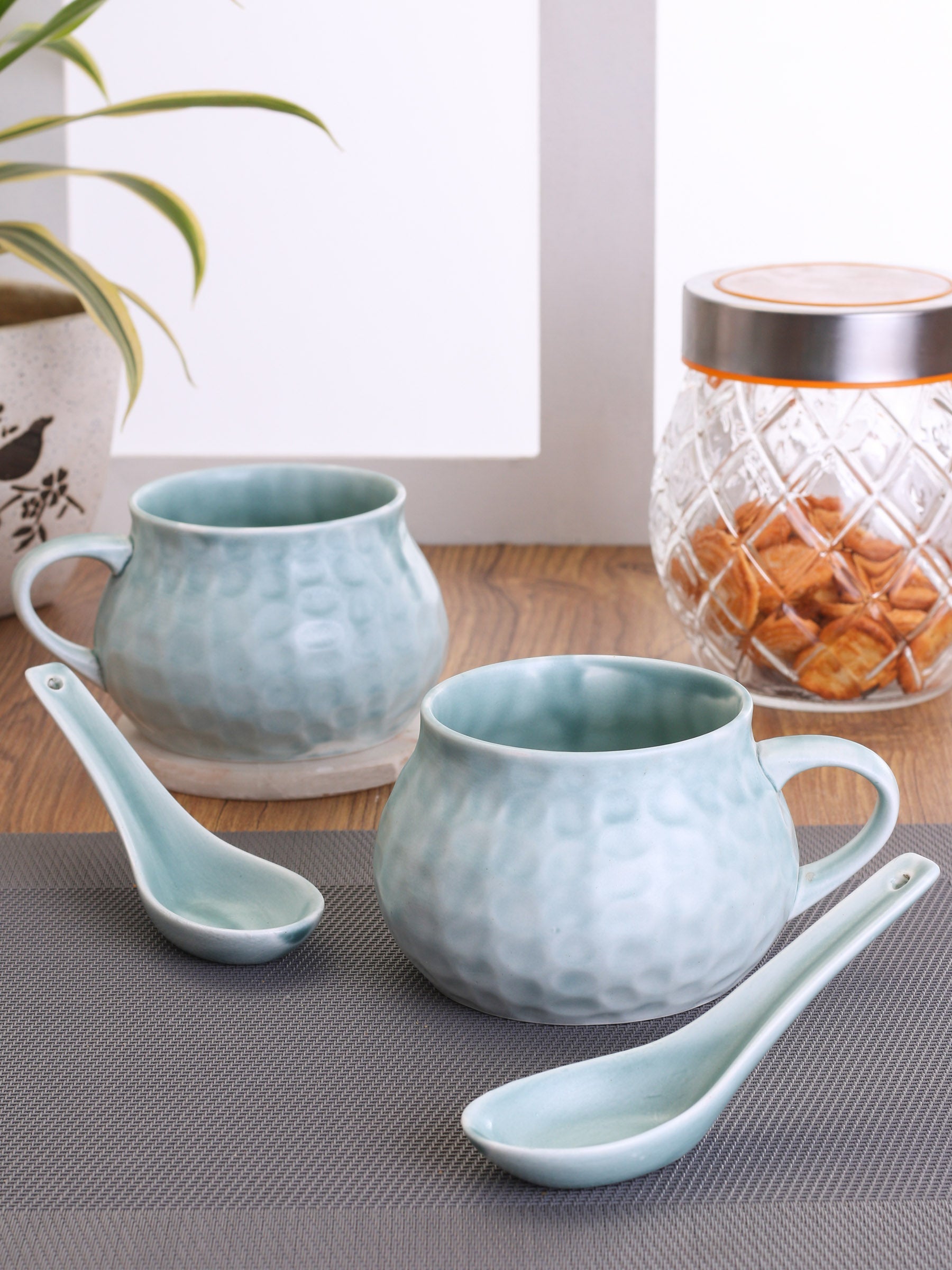 Ceramic Creme Soup Bowl & Cup with Spoon ,300ml, Set of 2+2 (HA2)