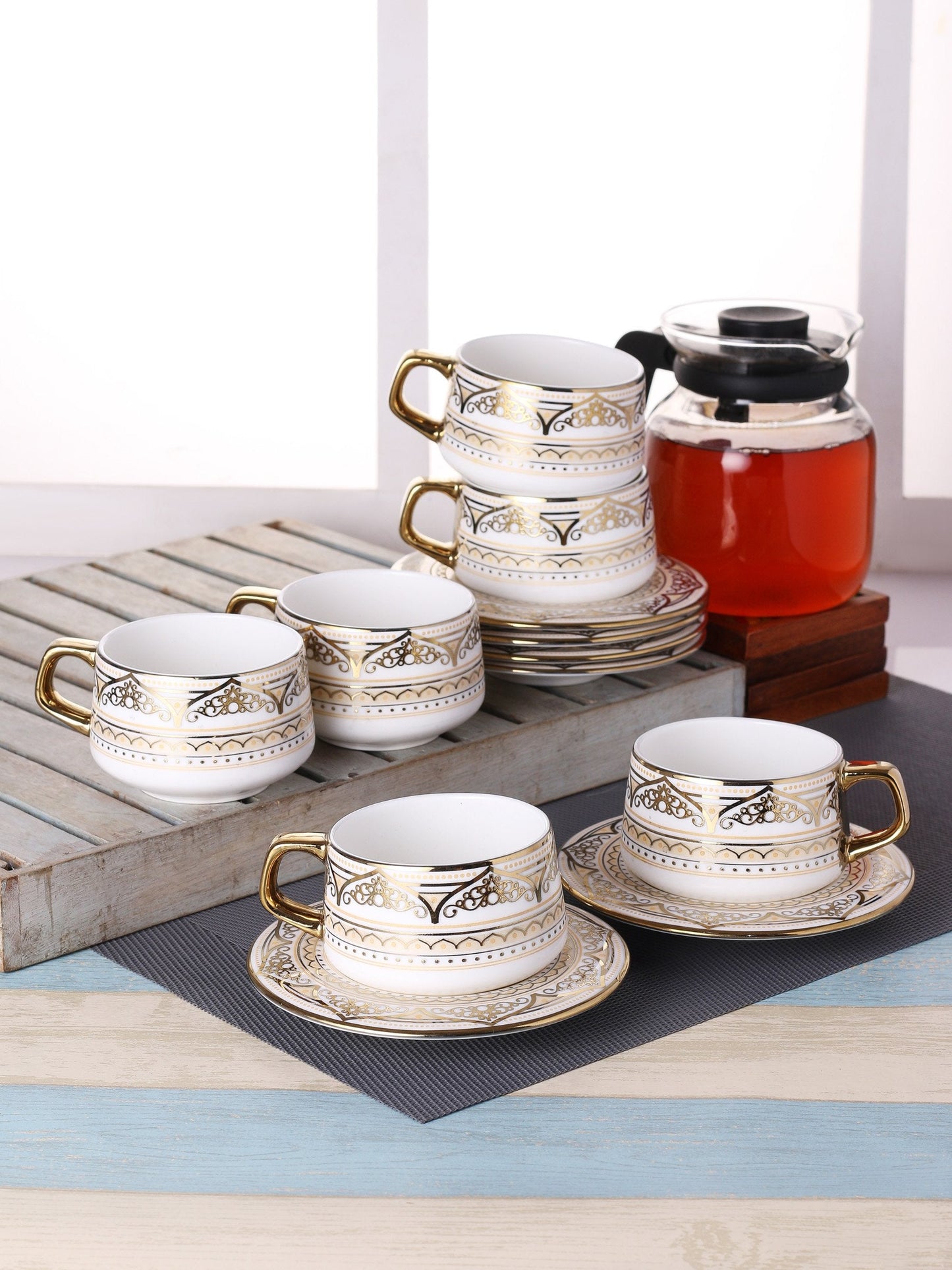 Zuri Ebony Cup & Saucer Sets of 12 (6+6) (E620) - Clay Craft India