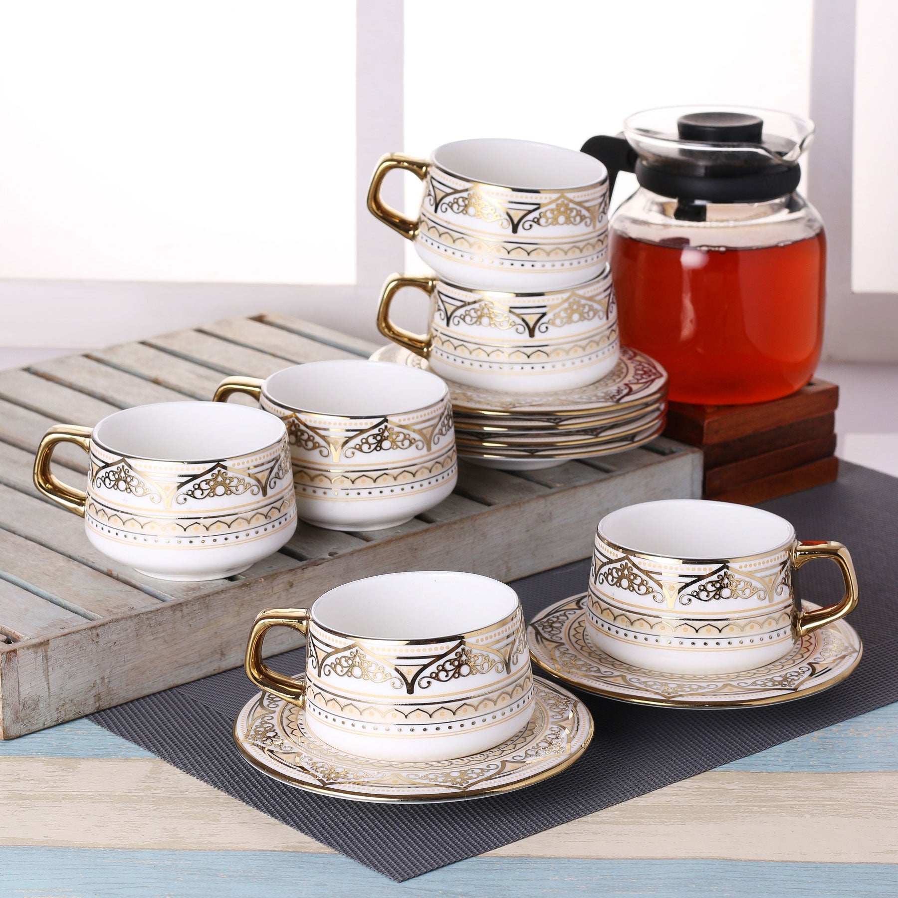 Zuri Ebony Cup & Saucer Sets of 12 (6+6) (E620) - Clay Craft India