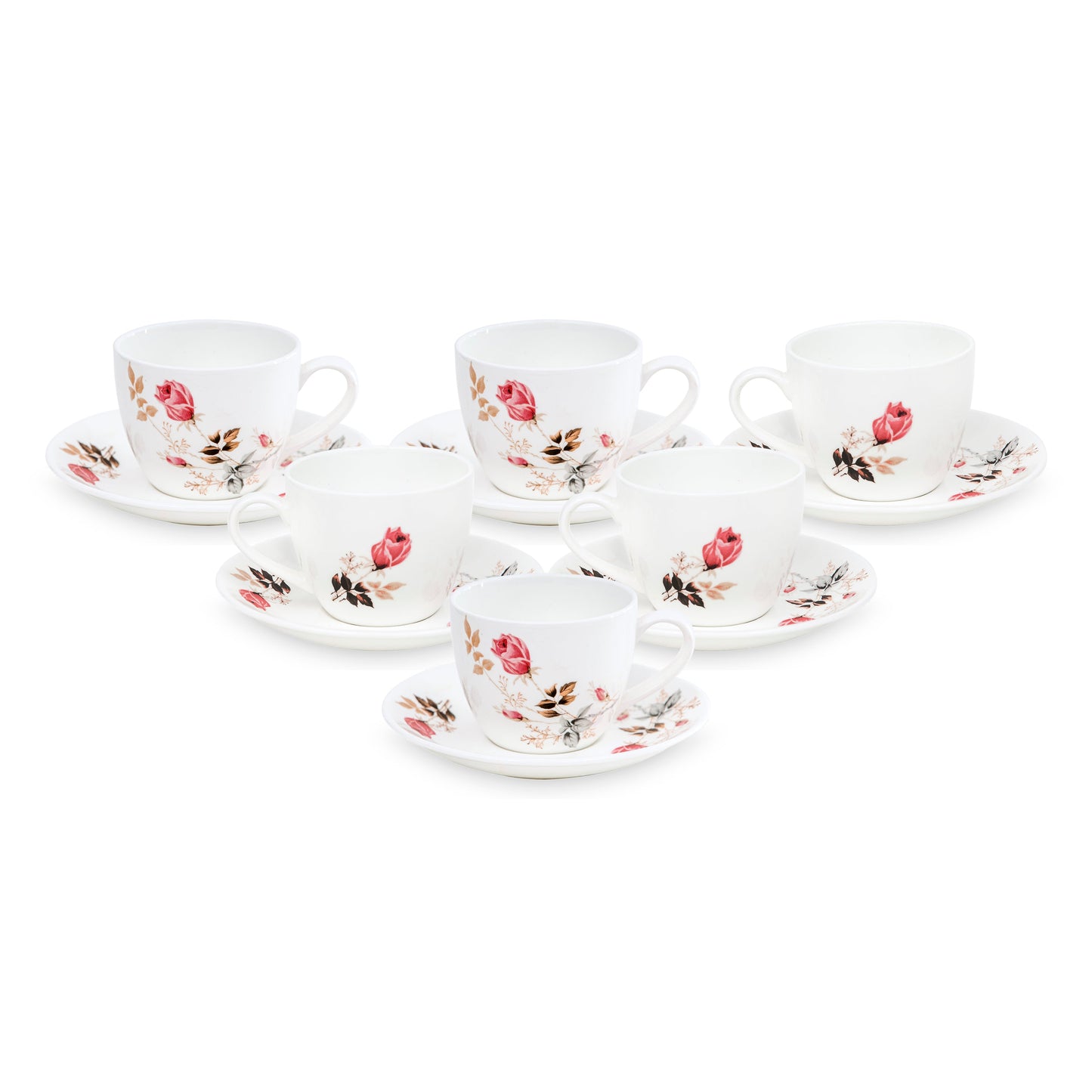 Cream Floral Cup & Saucer 210ml, Set of 12 (6 Cups + 6 Saucers), 082