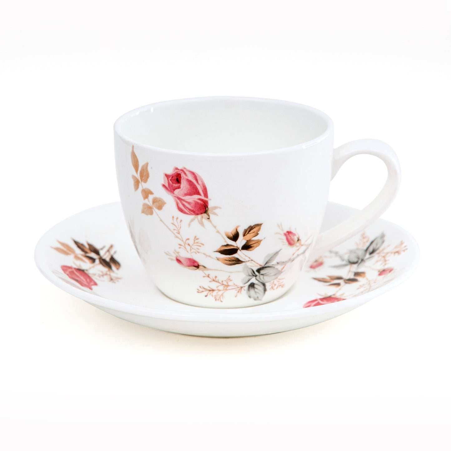 Cream Floral Cup & Saucer 210ml, Set of 12 (6 Cups + 6 Saucers), 082