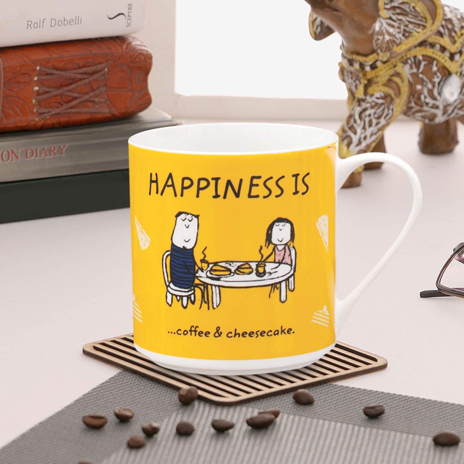 Happiness Coffee and Cheesecake Ceramic Coffee/ Milk Mug 300ml 1 Piece - Clay Craft India