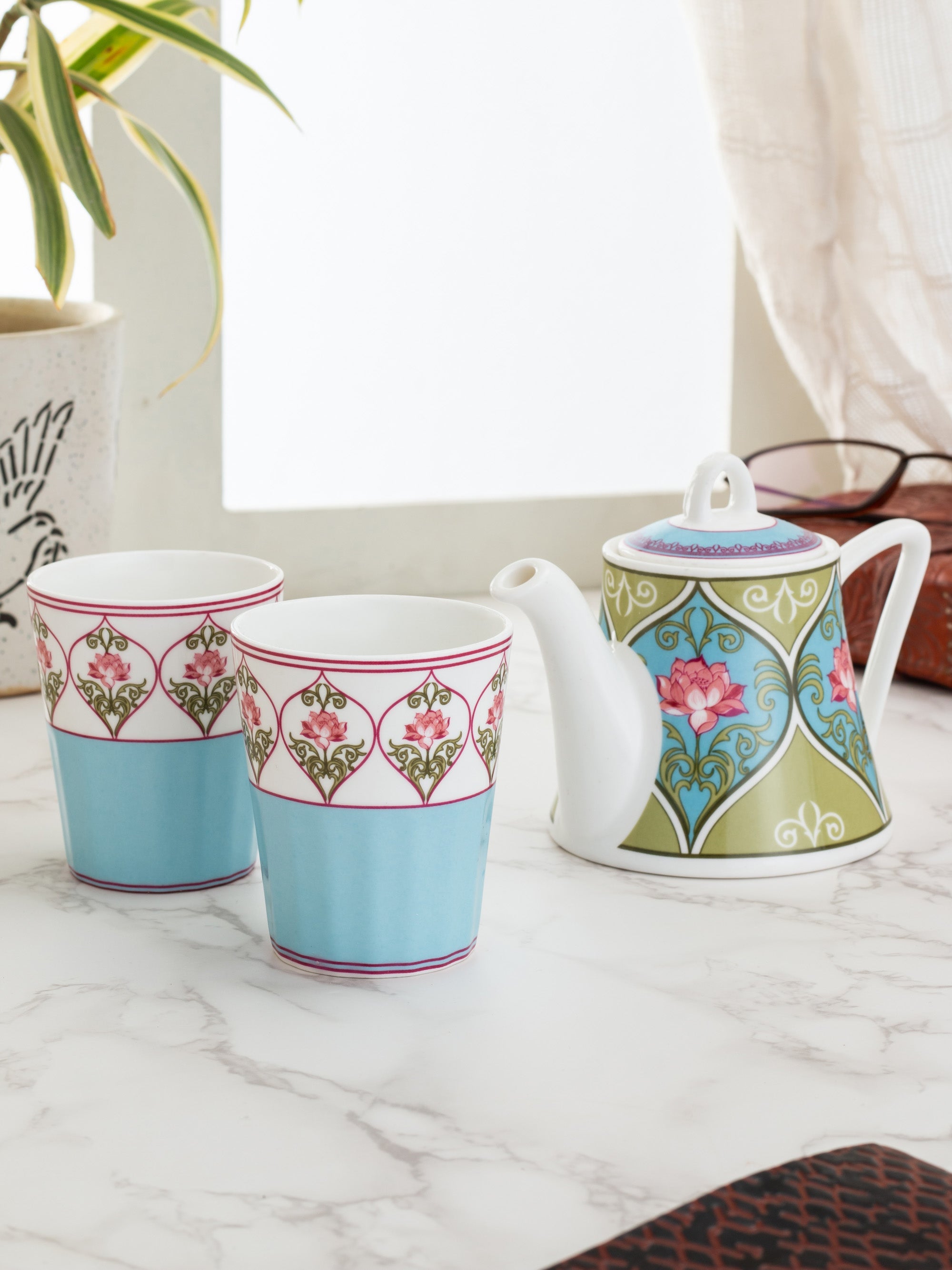 India Circus Floral Illusion Two Cutting Chai Set of 3 - Clay Craft India