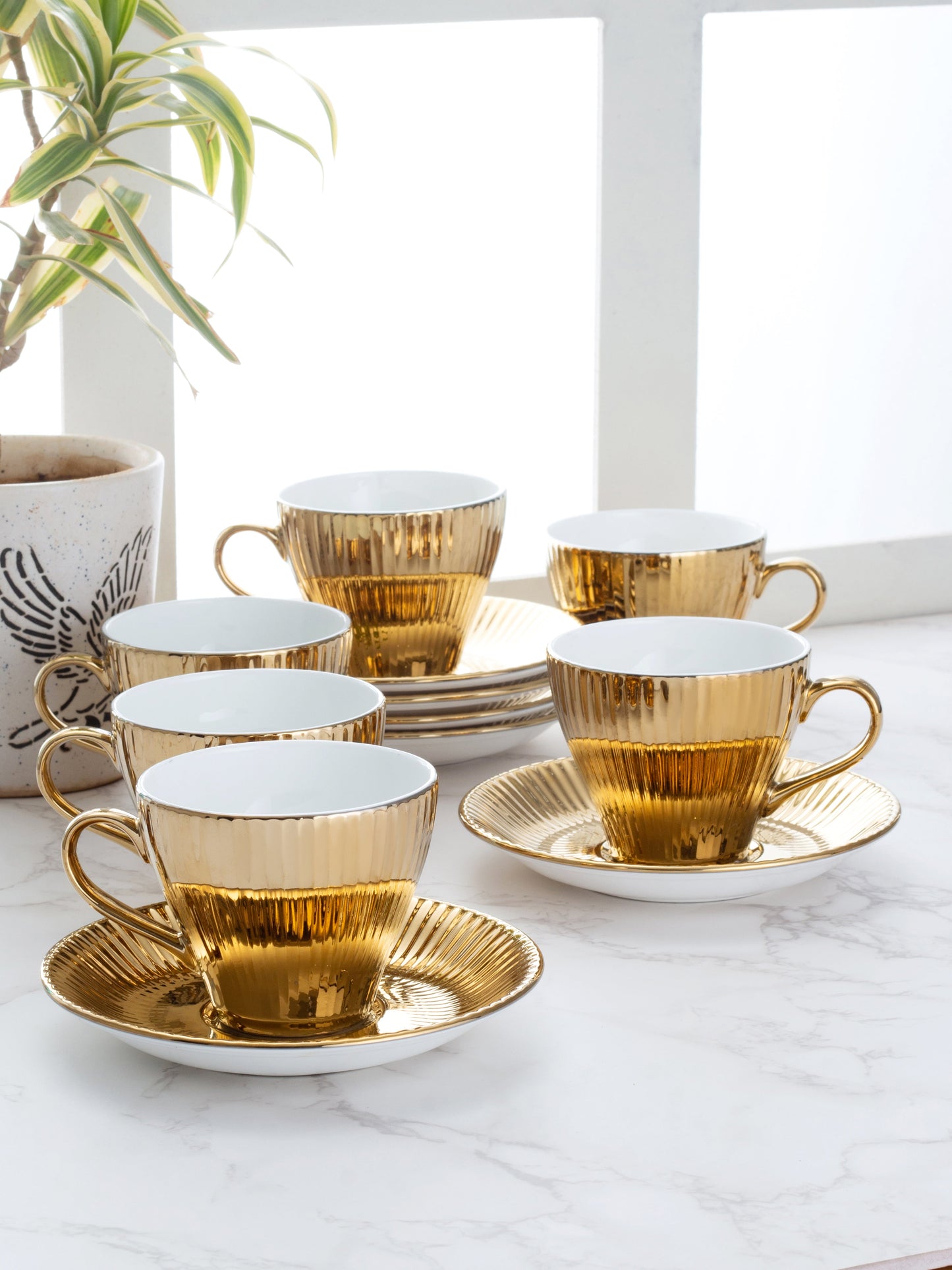 Mapple Impression Ebony Deluxe Full Gold Cup & Saucer Sets of 12 (6+6) - Clay Craft India