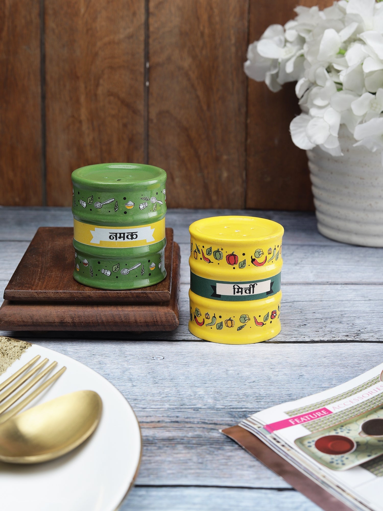 Barrel Cruet Set of 2 Yellow & Green - Clay Craft India