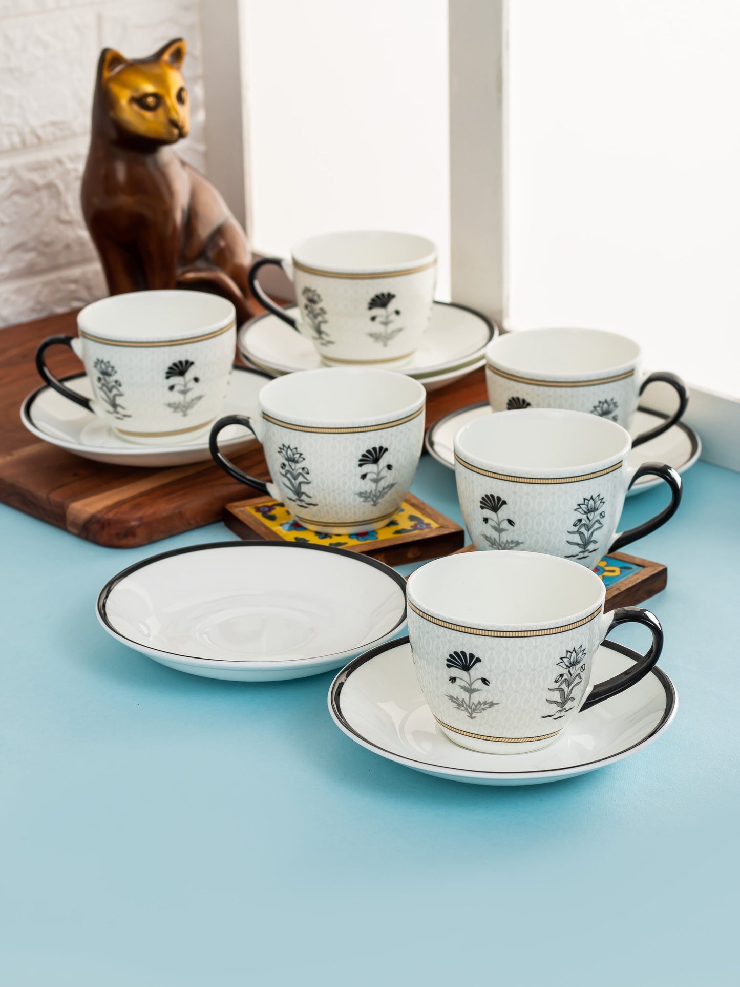 Cream Monochrome Cup & Saucer, 210ml, Set of 12 (6 Cups + 6 Saucers) (MC705)