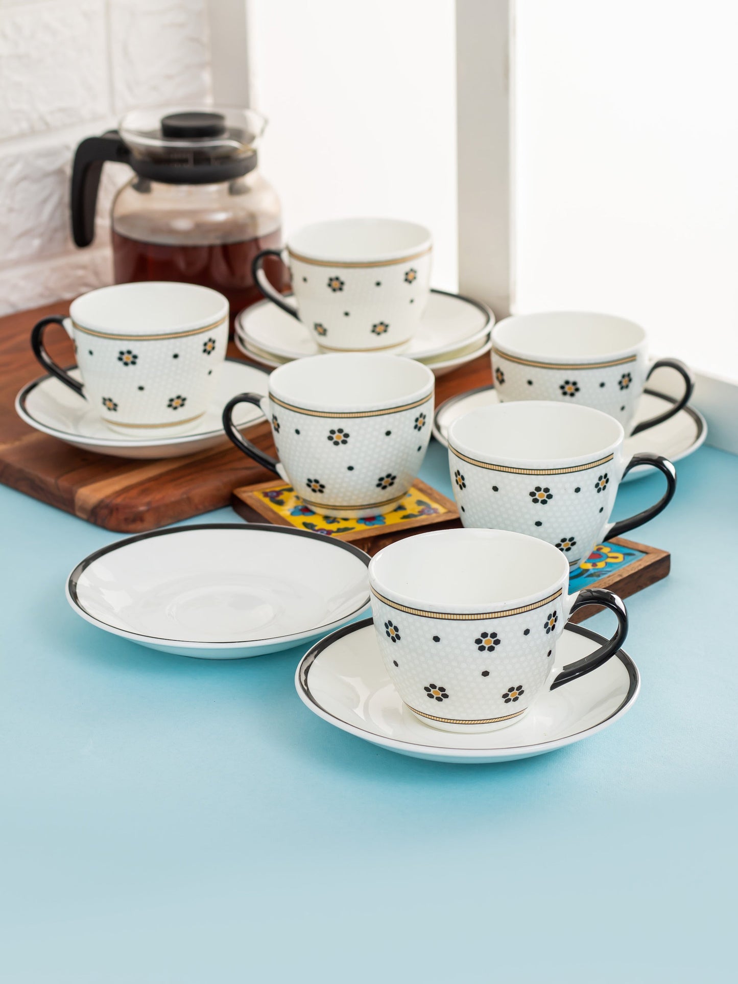 Cream Monochrome Cup & Saucer, 210ml, Set of 12 (6 Cups + 6 Saucers) (MC704)